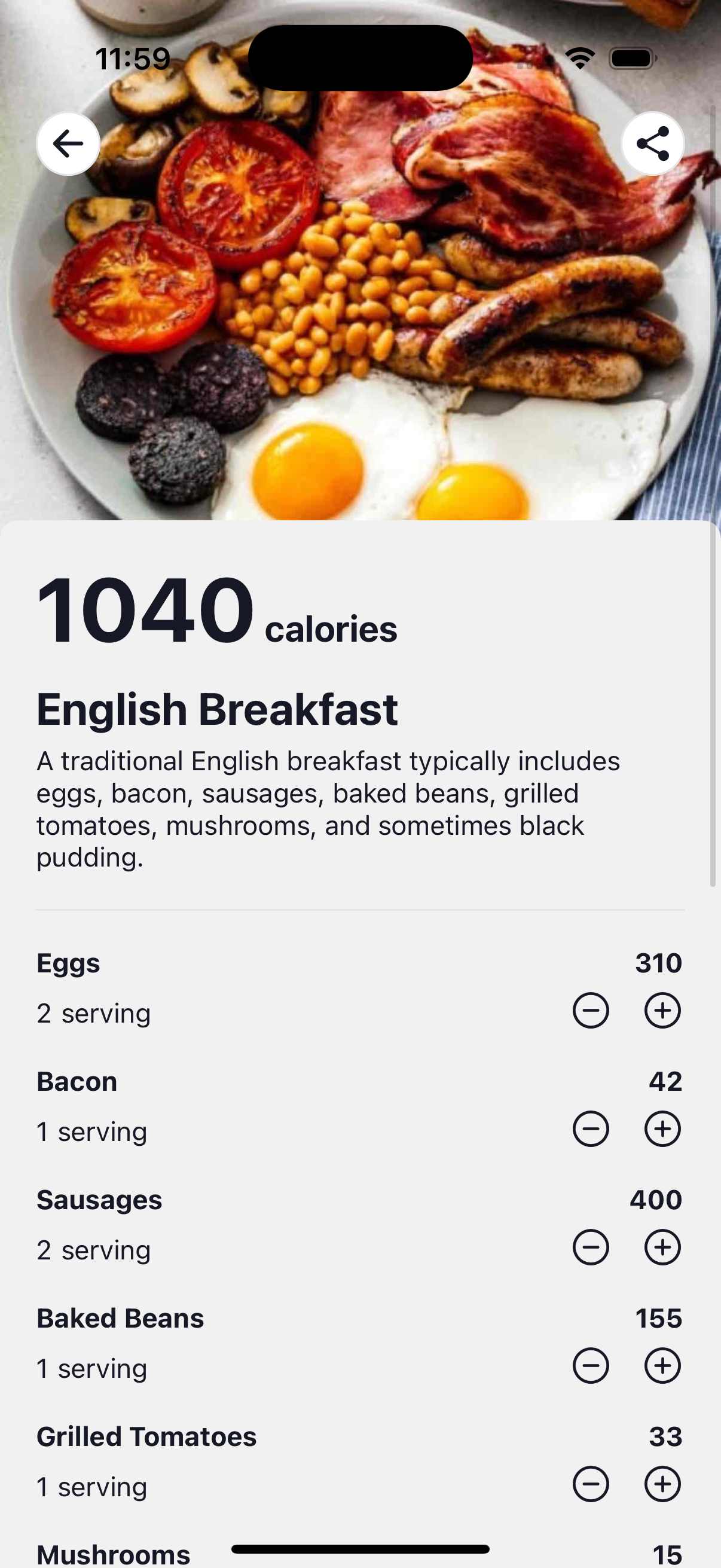 Per-ingredient calorie breakdown in the Tied app
