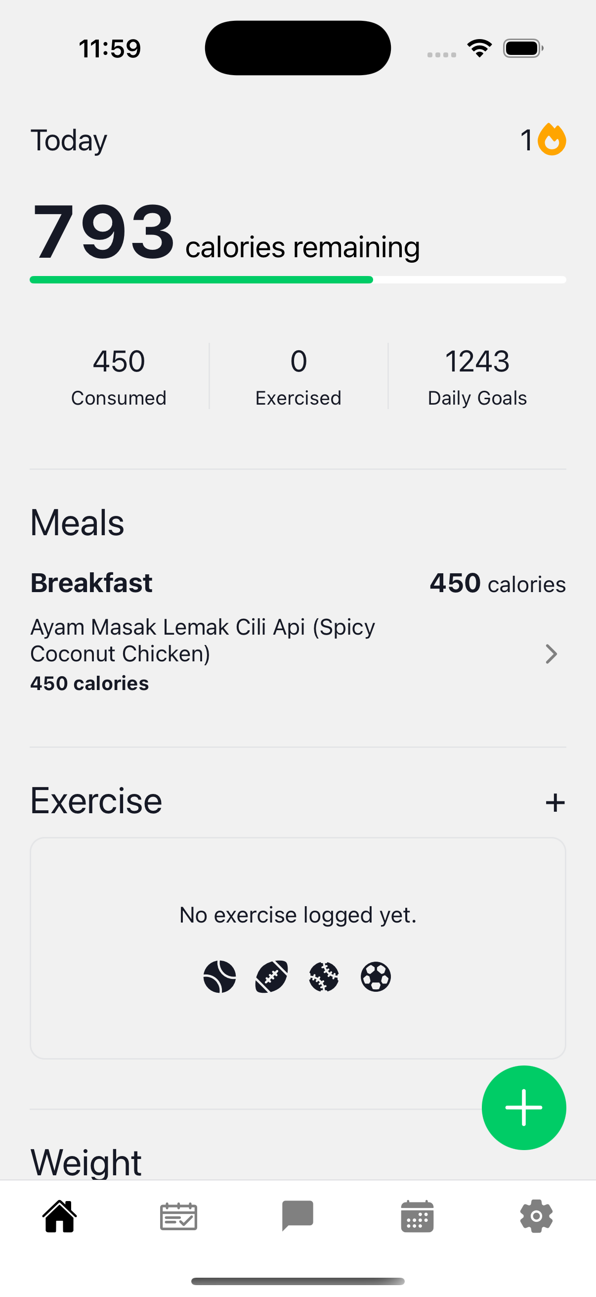 Tied home screen showing calories remaining